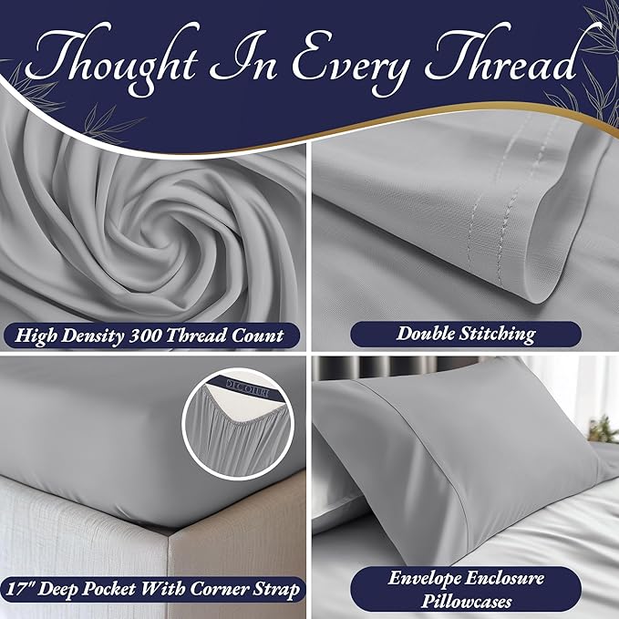 DECOLURE 100% Viscose Derived from Bamboo Sheets Twin Size 3pcs - Ultra Soft & Luxuriously Cooling, 17" Deep Pocket, Double Stitching, Perfect for Hot Sleepers - Twin Bed Sheets (Midgrey)