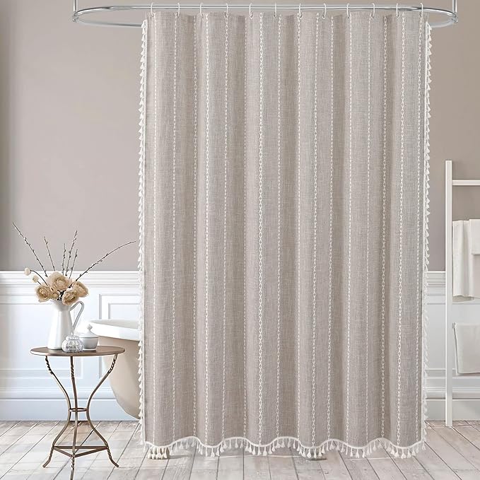MitoVilla Boho Extra Long Shower Curtain 72 x 96, Taupe Modern Farmhouse 96 inch XL Polyester Linen Texture Tassel Fabric Shower Curtain Set with Hooks for Cottagecore Country Bathroom Decor,Taupe