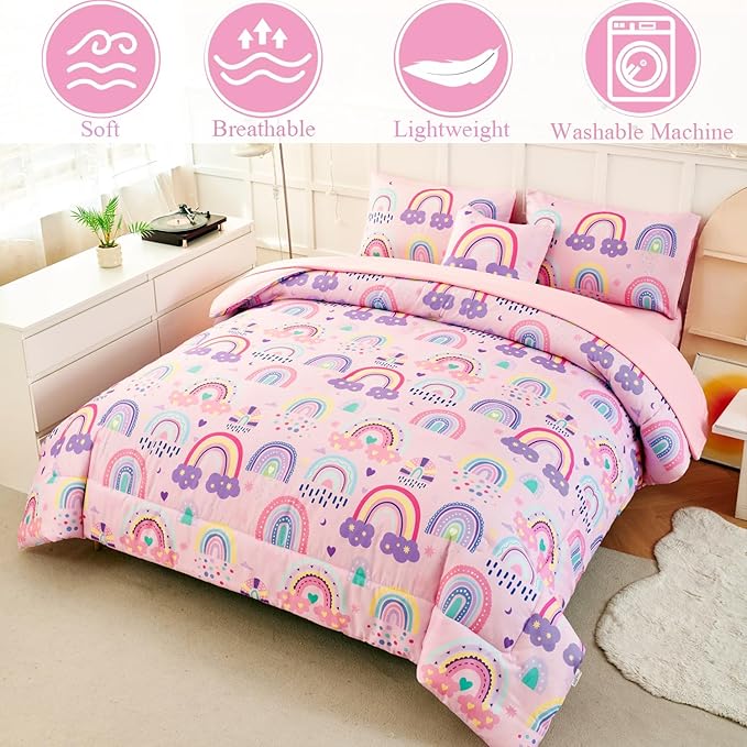 ANGIYUIN 6Pcs Girls Rainbow Comforter Set Queen Size Cute Clouds Kids Bedding Set Love Hearts and Stars Kid Bed Set for Girl Soft Lightweight Bed in A Bag with Sheets, Pink, Queen