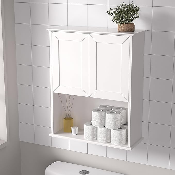 Bathroom Wall Cabinet Wooden with 2 Doors,Over the Toilet Storage Cabinet,Bathroom and Laundry Wall Mount Storage Medicine Cabinet with Open and Adjustable Shelf,Easy Assembly (Style A -1 PC, White)