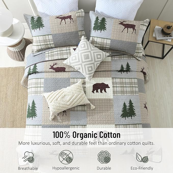 Quilt for Queen Bed - 100% Cotton Farmhouse Patchwork Plaid Cabin Queen Size Quilt Bedding Set, Brown Gray Green Animal Bear Deer Tree Lightweight Bedspread, 3-Piece for All Season (98"x90")