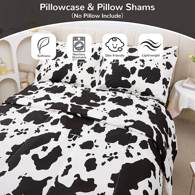 Viviland Kids Full Bedding Sets for Girls, Boys Soft Full Comforter Set with Sheets, 7 Pieces Microfiber Bed in a Bag, Cow Animal