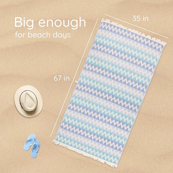 Premium Turkish Beach Towel – 100% Cotton, Quick Dry, Sand Free, Oversized Beach Towel 35”x 67” – Ideal for Travel, Pool, and Beach, – Zig Zag Blue