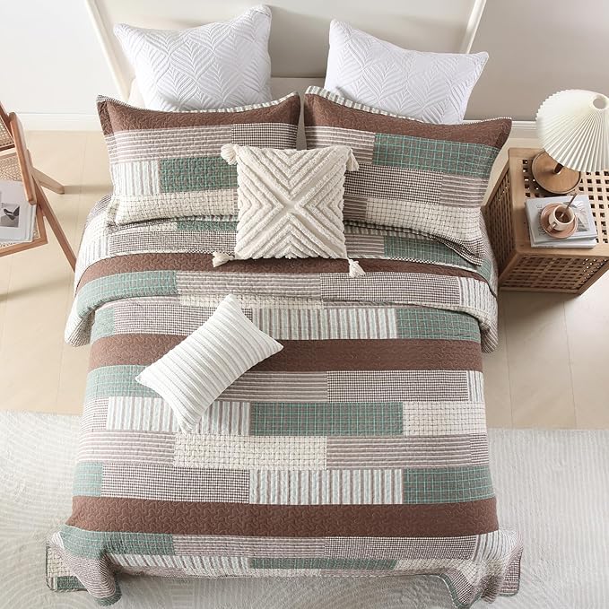 Uniclinens Plaid Quilt King Size, 100% Cotton Patchwork Quilt Bedding Set, Brown Lightweight Farmhouse Bedspread/Coverlet/Comforter Set, 3 Pieces Set with 2 Pillowshams, Brown/Green/Cream