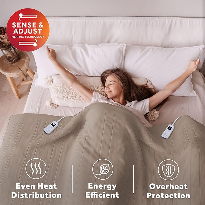 Sunbeam Electric Royal Luxe Microplush Heated Blanket, 12 Heat Settings, 12-Hour Auto Shut-Off, Fast Heating, Warm & Cozy, Machine Washable, Mushroom Color, Queen (90" x 84")
