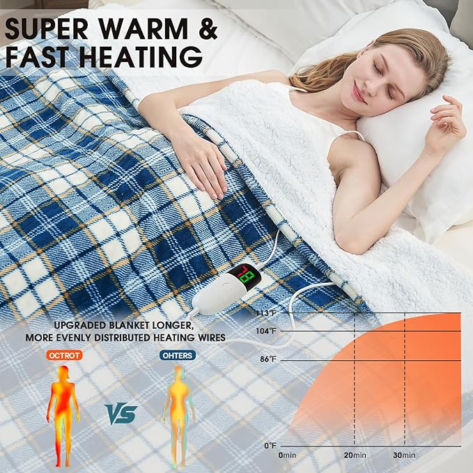 Heated Electric Blanket Twin Size,62X84 Heating Blanket with 10 Heats Levels&8 Hours Auto Off&Timer,Blue Plaid Soft Cozy Sherpa Blankets Warmer Gifts for Grandma Women Adult,Fast Heating Washable