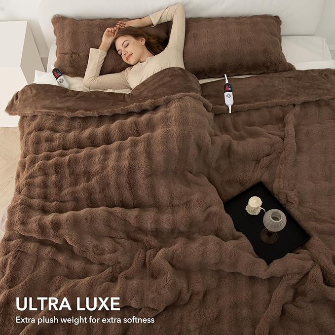 Faux Rabbit Fur Bubble Electric Blanket King Camel - Fluffy Thick Heated Blanket with Dual Control, 6 Heating Levels & 10 Timer Settings, ETL Certified, Decor Gifts for Home (100" x 90")