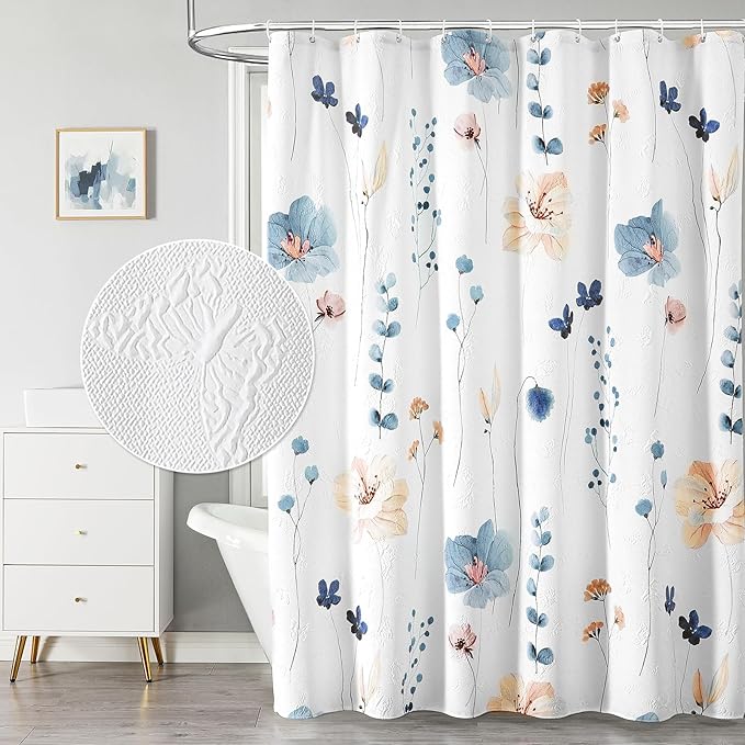 QiyI Extra Long Shower Curtain 72 x 84, Modern Watercolor Floral Shower Curtains, 3D Embossed Textured Beige Flower Cloth Bathroom Curtain, Waterproof Fabric Farmhouse Shower Curtain Set with Hooks