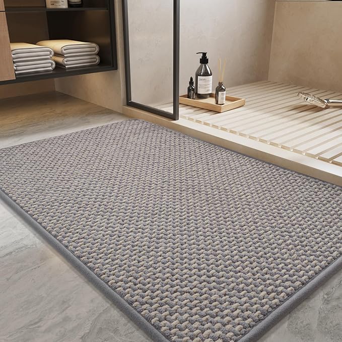 PADOOR-Bath Mat-Super Absorbent Chenille Bathroom Mats-Rubber Backed Bath Mats for Bathroom Non Slip, Easy Clean Bathroom Rugs Front of Bathtub,Shower Room,Sink-17×28, Grey&Beige