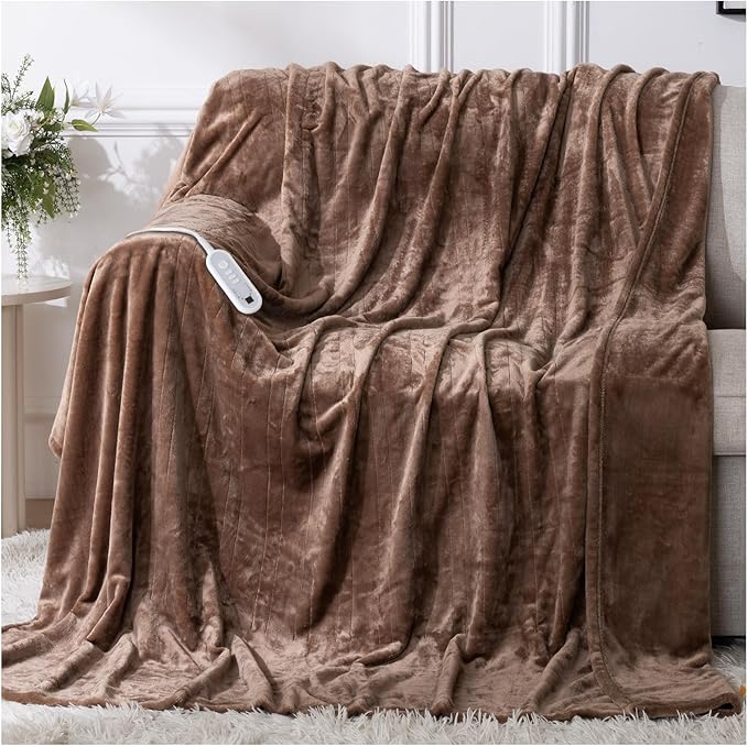 Heated Blanket Electric Throw 72" x 84" Full Size with 8 Heating Levels 10 Hours Time Setings and Auto-Shut Off, Flannel Fast-Heating Electric Blanket, Machine Washable ETL Certified, Brown