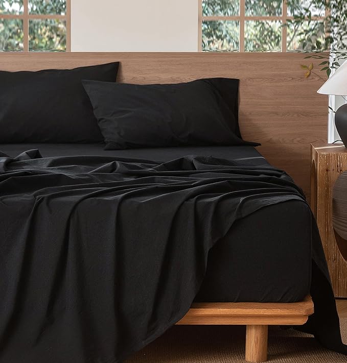 MooMee Bedding Sheet Set 100% Washed Cotton Linen Like Textured Breathable Durable Soft Comfy (Solid Black, California King)