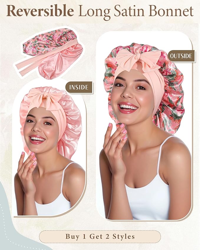 AWAYTR Long Satin Bonnet for Sleeping, Reversible Double Layer Hair Bonnet with Elastic Tie Band (Floral Print+Peach Pink)