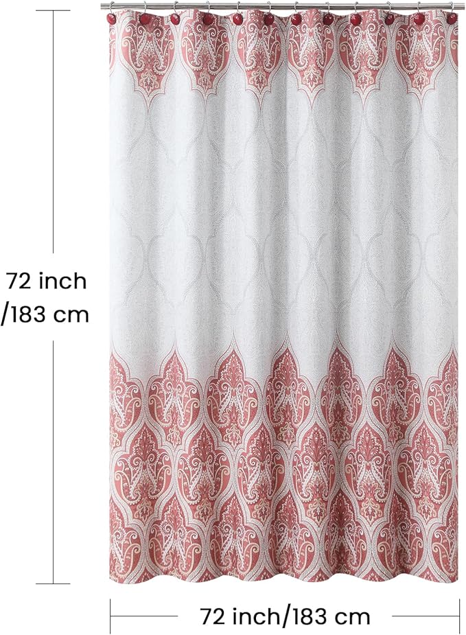 Paisley Shower Curtain, Water Repellent Fabric with Terracotta & Gray Bohemian Print, 12 Metal Grommets & Weighted Hem, 72x72 Inches