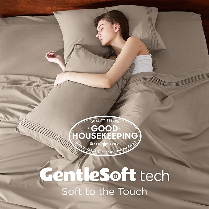 Bedsure Deep Pocket Queen Sheets Set - Fits Mattresses Up to 21 Inches Thick - 4 Piece GentleSoft Bed Sheets, Moisture Wicking, Soft & Cooling Bedsheet & Pillowcases, Easy & Secure Fit, Taupe
