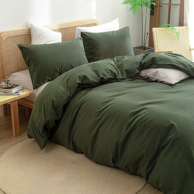 BESTOUCH Duvet Cover Set 100% Washed Cotton Linen Feel Super Soft Comfortable Chic Lightweight 3 PCs Home Bedding Set Solid Olive Green Super King Plus