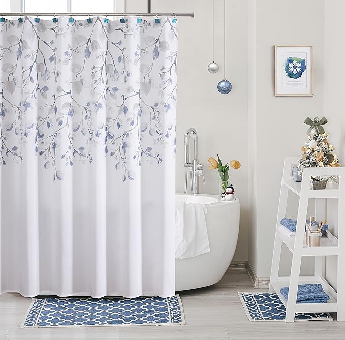 Central Park Navy Blue Leaf Shower Curtain Water Resistant Decorative Sweeping Floral Print Canvas Bathroom Spa Hotel Shower Curtain with Buttonholes (White, 70"x72")