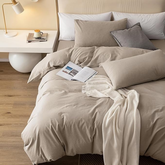 JIYUAN 100% Washed Cotton Duvet Cover Set 3 Pieces King, 1 Duvet Cover 104x90 Inches(Comforter Not Included) and 2 Pillowcases,Linen Feel Bedding Set Comfy and Breathable, Heathered Tannish Linen Grey