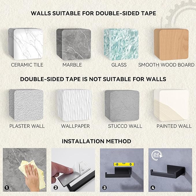 LANC Self-Adhesive Toilet Paper Holder, Matte Black Toilet Tissue Holder Wall Mounted for Bathroom Kitchen Stick On Paper Roll Holder with No Drilling Rustproof Stainless Steel, Left Rod A8307MB-LF