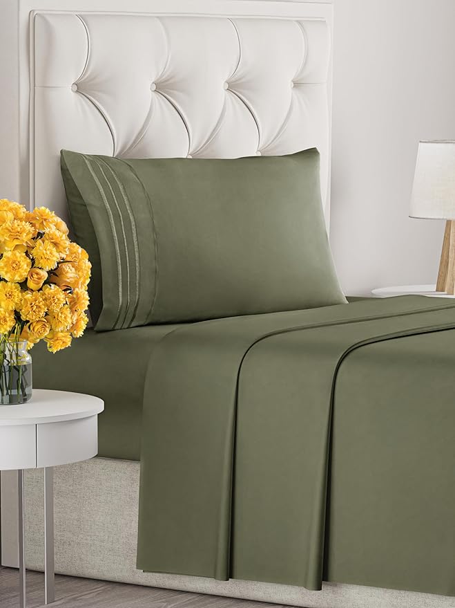 Twin XL Size 3-Piece Sheet Set - Extra Soft, Breathable & Cooling - Hotel Luxury Durable Bed Sheets for Women & Men - Deep Pockets, Easy-Fit & Wrinkle-Free - Deep Olive Oeko-Tex