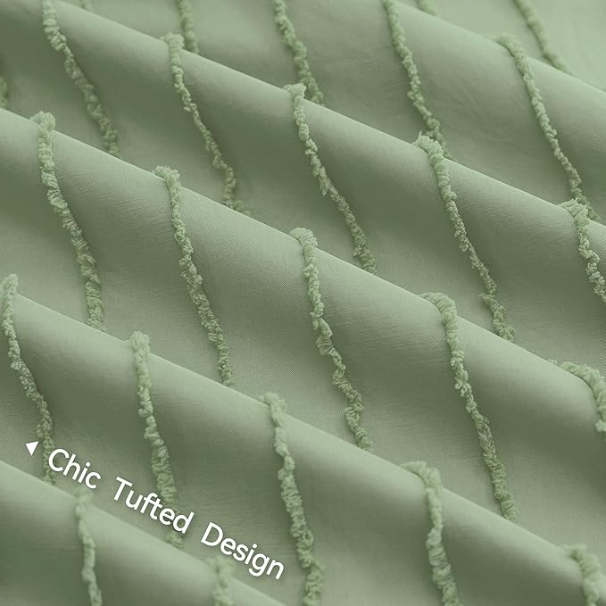 JELLYMONI Duvet Cover Queen Size Light Green - 3PCS Boho Striped Duvet Cover Set Polyester Tufted Bohemian Textured Comforter Cover 90×90in with Corner Ties & Zipper and 2 Pillowcases