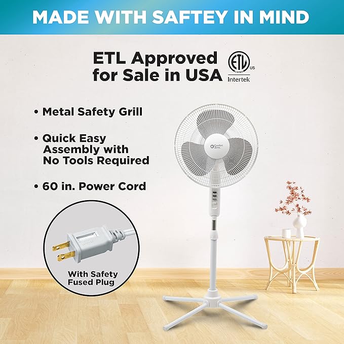 Comfort Zone Stand Fan, 16 inch Pedestal Fan for Bedroom, 3 Speed Floor Fan, 90 Degree Oscillation, Adjustable Height, Adjustable Tilt, Oscillating Air Circulator, Quiet Fan for Home or Office, White