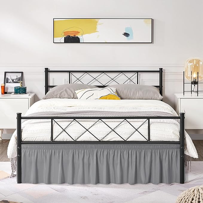 Biscaynebay Wrap Around Bed Skirts with Split Corners for King Beds 16" Drop, Silver Grey Elastic Dust Ruffles Adjustable Easy Fit Wrinkle & Fade Resistant Silky Luxurious Fabric Machine Washable