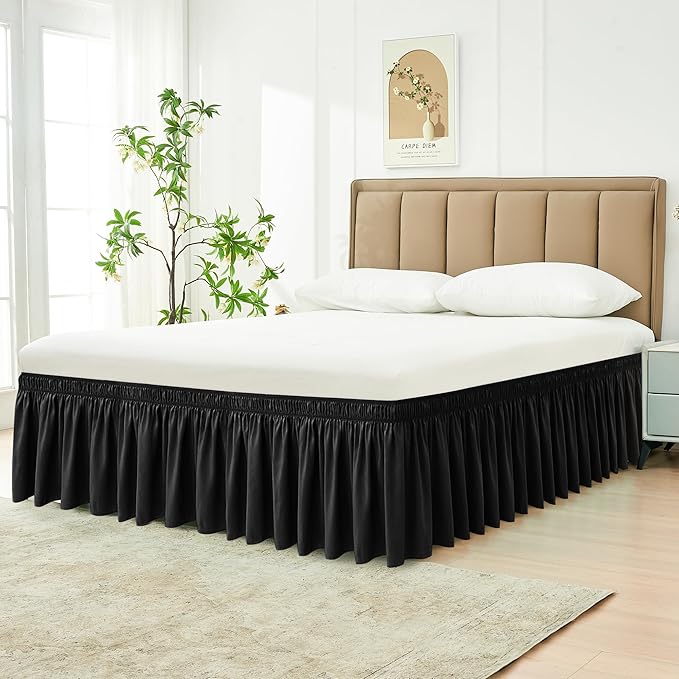 Biscaynebay Wrap Around Bed Skirts for Twin & Twin XL Beds 18" Drop, Black Adjustable Elastic Dust Ruffles Easy Fit Wrinkle Resistant Silky Luxurious Fabric Machine Washable