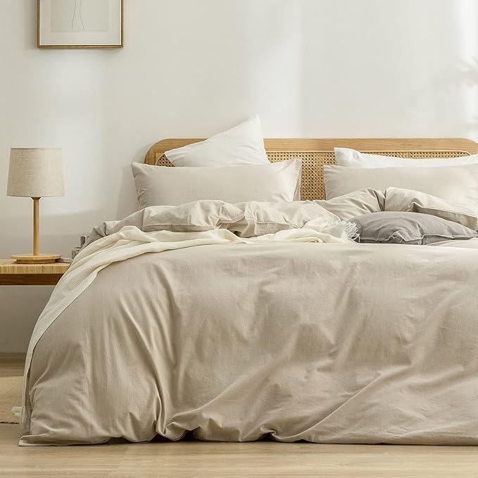 BESTOUCH Duvet Cover Set 100% Washed Cotton Linen Feel Super Soft Comfortable Chic Lightweight 3 PCs Home Bedding Set Solid Almond Milk Grey Full/Double