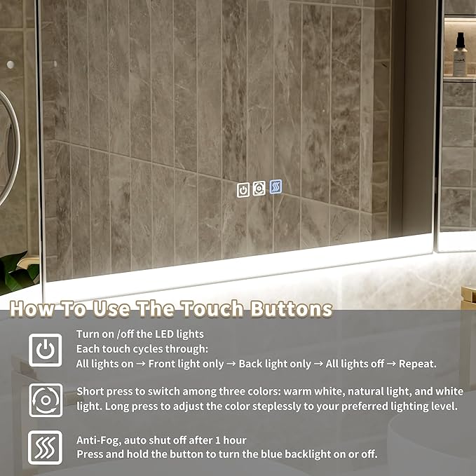 48x36 Trifold Bathroom Mirror with Lights with Removable Magnifier, 180° Foldable LED Mirror for Bathroom, Front&Backlit, Wall Mounted, Stepless Dimming, Color Temper Change, Anti Fog