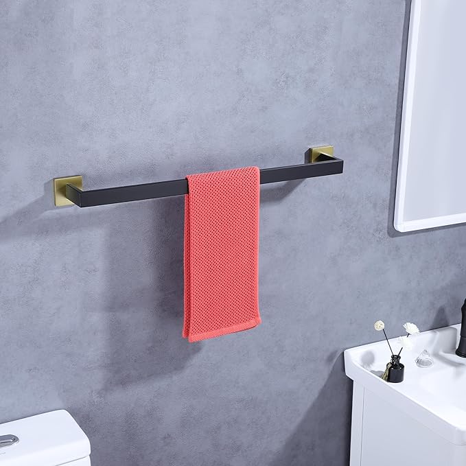LANC Bath Towel Rack, Matte Black and Gold Towel Rail Bathroom Towel Bar Towel Hanger Square Towel Rod Towel Rail 24-Inche Kitchen Towel Holder Wall Mounted SUS304 Stainless Steel,A8804GK-6P1