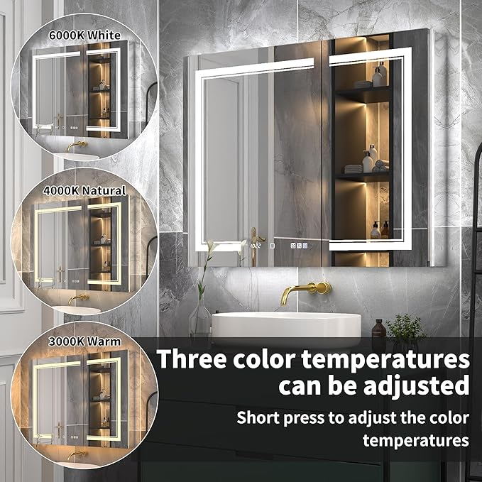 40"x32"Lighted Medicine Cabinet with Mirror，Recessed or Surface Mount LED Medicine Cabinet, Front&Backlit, Clock Temp Display, Anti-Fog, Stepless Dimming, 3-Color Temperatures, Adjustable Shelves