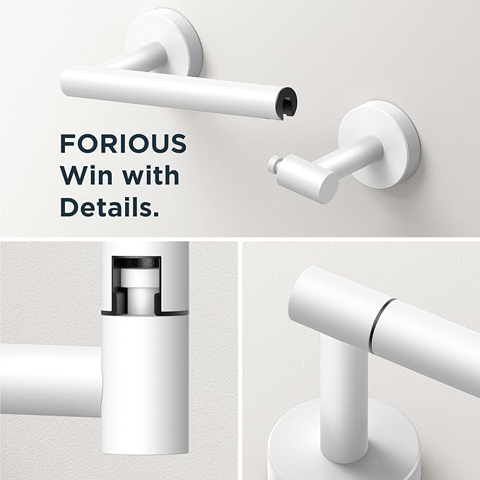 FORIOUS Toilet Paper Holder Wall Mount, SUS304 Stainless Steel Double Post Pivoting Tissue Roll Holder and Hand Towel Ring Set for Bathroom, RV, Bathroom Hardware Accessories Set, White