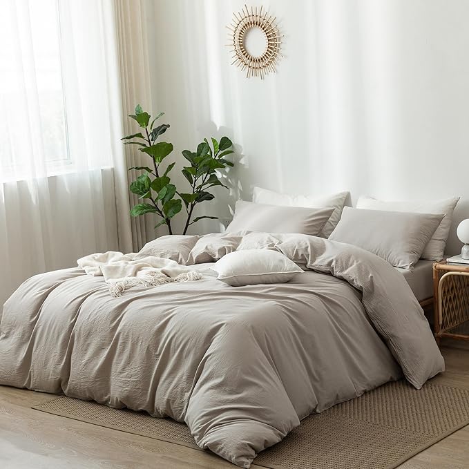 MooMee Bedding Duvet Cover Set 100% Washed Cotton Linen Like Textured Breathable Durable Soft Comfy (Heathered Cream Grey, Queen 90"x90")