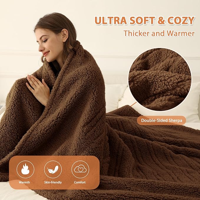 Heated Blanket Full Size 72"X84" Brown - Soft Double Sided Sherpa Electric Blanket Full Size with LED Display, 6 Heating Levels & 10 hrs Timer, Machine Washable & Fast Heating, Gift for Women