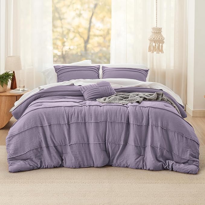 Bedsure California King Comforter Set - 4 Pieces Pinch Pleat Bed Set, Purple Boho Bedding for All Season, 1 Soft Comforter, 2 Pillowcases, 1 Decorative Pillow