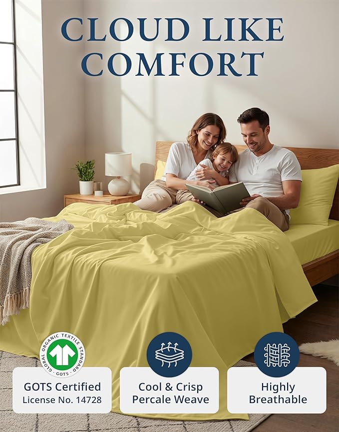 LANE LINEN Eco Friendly 100% Organic Cotton Bed Sheets Queen Size, Soft & Comfy Naturally Cooling Percale Weave, Low Pill Fade Resistanct Breathable 15" Deep Pocket Bedding- Cocoon