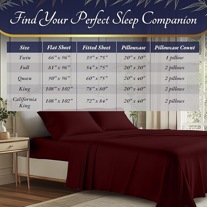 DECOLURE 100% Viscose Derived from Bamboo Sheets Twin Size 3pcs - Ultra Soft & Luxuriously Cooling, 17" Deep Pocket, Double Stitching, Perfect for Hot Sleepers - Twin Bed Sheets (Burgundy)