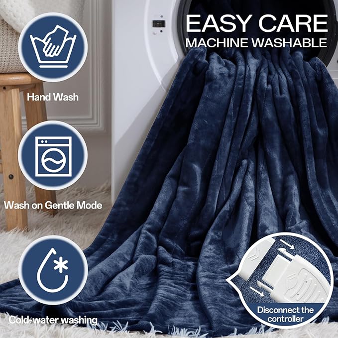 Electric Blanket Queen Size, Heated Blanket Soft Flannel Heating Blanket Queen Size with 10 Hours Auto Off, 8 Heating Levels, Machine Washable ETL Certification (Navy Blue, 84" x 90")