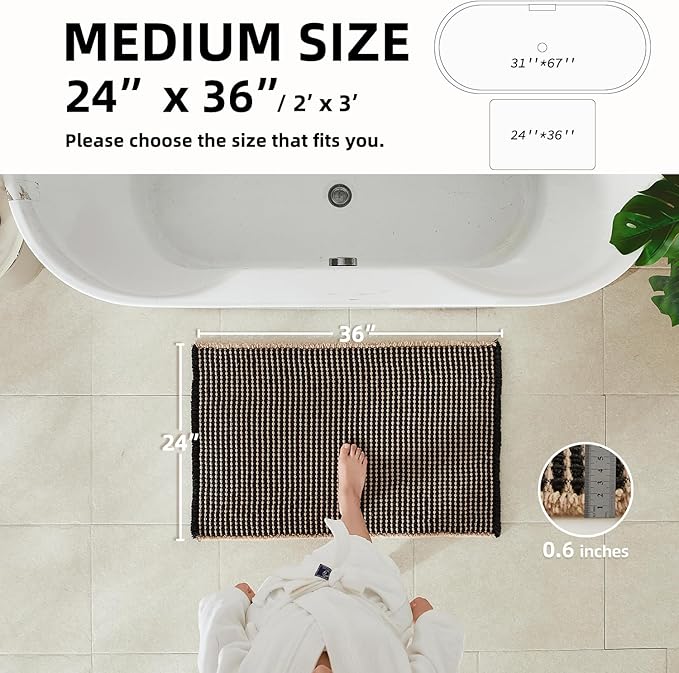 Waffle Bath Mat, Boho Bathroom Rugs Non Slip Washable Super Absorbent Quick Dry Bath Mat Farmhouse Bathroom Decor, 36"x24" Khaki and Black