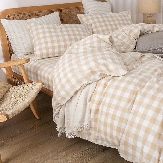 BESTOUCH Duvet Cover Set 100% Washed Cotton Linen Feel Super Soft Comfortable Chic Lightweight 3 PCs Home Bedding Set Almond Grey & White Grid Queen