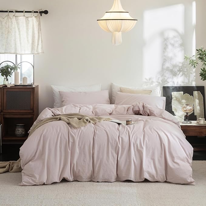 FOSSA Duvet Cover Set 100% Washed Cotton Linen Feel Super Soft Breathable Cozy 3 Pieces Bedding Sets Solid Greyish Pink Oversized Queen