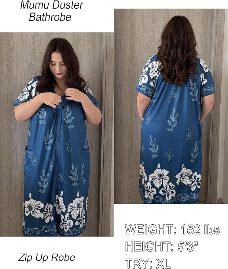 Ekouaer Women Robe Zipper Front Mumu Duster Robes Zip Up Housecoat Soft Sleepwear with Pockets S-3XL