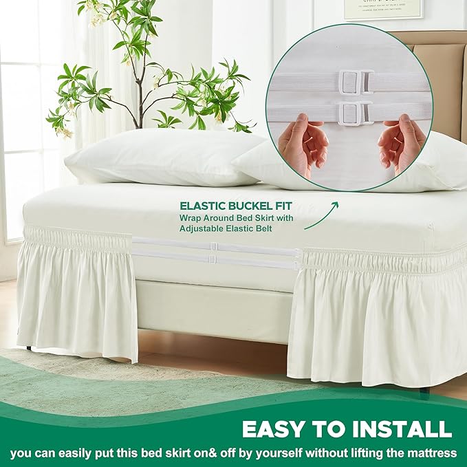Biscaynebay Wrap Around Bed Skirts for Queen Size Beds 18" Long Drop, Ivory Adjustable Elastic Dust Ruffles Easy Fit Wrinkle Resistant Silky Luxurious Fabric Machine Washable