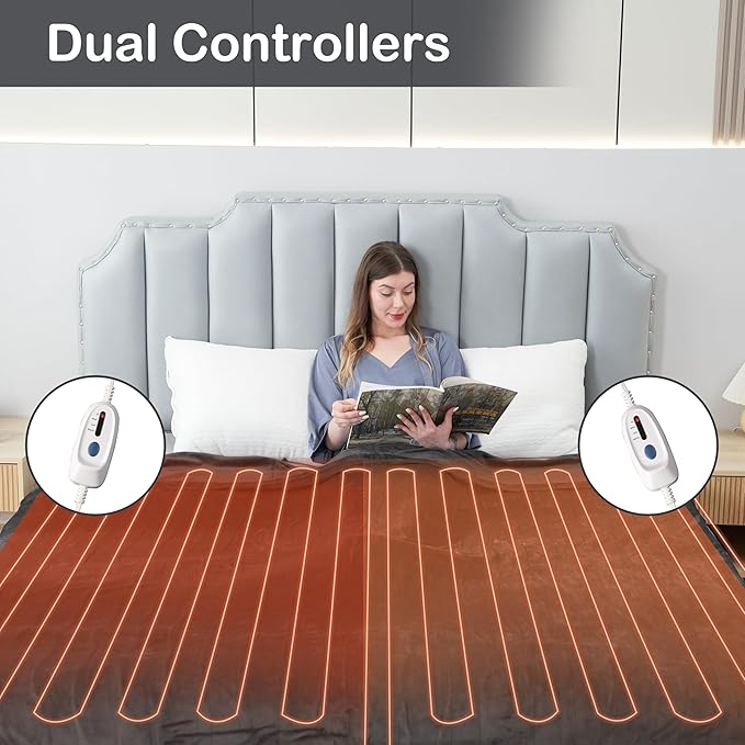 Electric Heated Blanket Queen Size 84"x90", Dual Controllers, Cozy Large Oversized, 4 Heating Levels & 10 Hours Auto Off, Cozy for Bed, Sofa, & Office, Machine Washable, Dark Gray