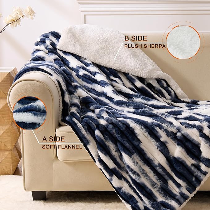 Heated Blanket Queen - 84"x90" Dual Control Bed Electric Blankets with 6 Heating Levels & 10 Hours Auto Off, Soft Ribbed Faux Fur Sherpa, Over-Heated Protection ETL, Navy Blue