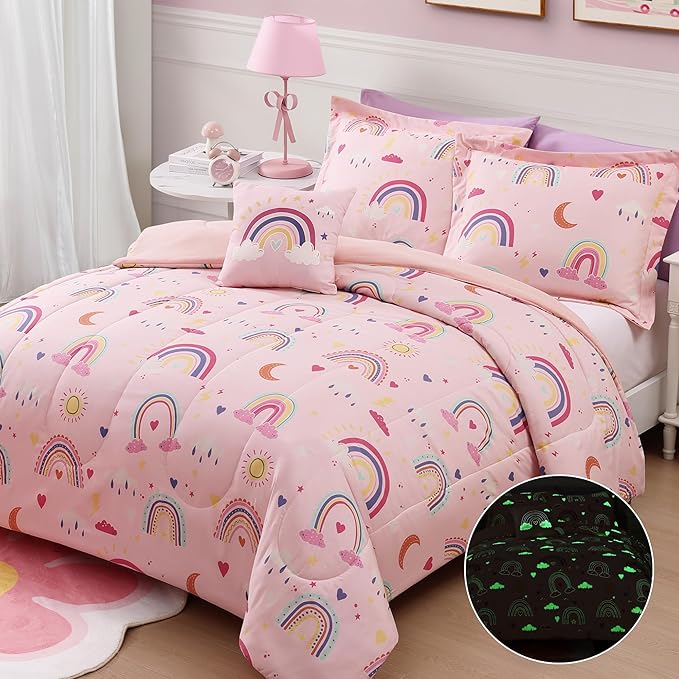 Twin Comforter Set for Girls-3 Pieces Pink Rainbow Glow in The Dark Twin Bedding Sets for Kids,1 Comforter,1 Sham and 1 Decor Pillow