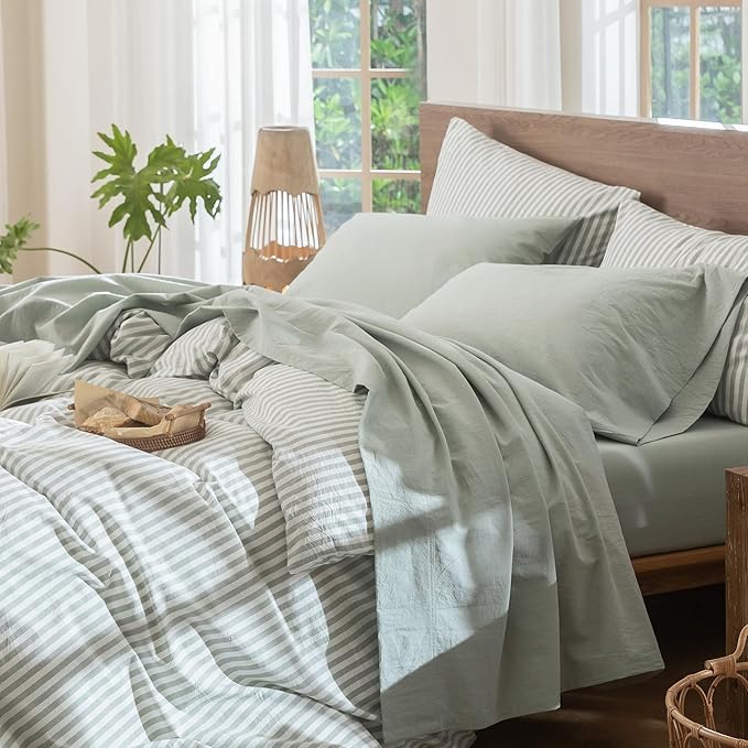 MooMee Bedding Sheet Set 100% Washed Cotton Linen Like Textured Breathable Durable Soft Comfy (Heathered Sage Green, King)