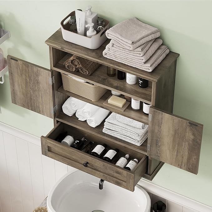 Bathroom Wall Cabinet, Wall Mounted Medicine Cabinet with Drawer, Barn Door & Adjustable Shelf, 24.4"H x 23.6"W x 9"D Grey Over Toilet Farmhouse Storage Cabinet for Kitchen, Laundry, Entryway