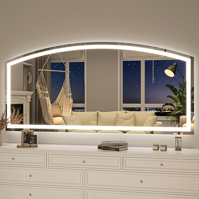 Hasipu 77x36 Inch LED Bathroom Mirror Arch Vanity Mirror with Lights Frontlit Smart Touch Sensor Dimmable 3 Colors Temperature Shatterproof Wall-Mounted Vanity Mirror Metal Frame
