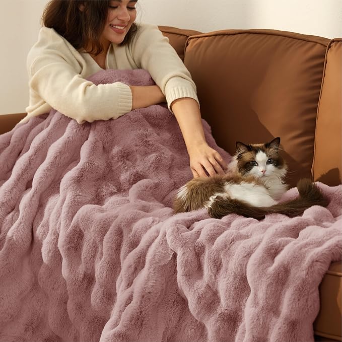 Bedsure GentleSoft Fluffy Faux Fur Throw Blanket for Couch, Soft Fuzzy Bubble Blanket Home Decor Gifts for Bedroom Living Room, Thick Warm Furry Cozy Gifts for Women, Dusty Rose, 50x60 Inch